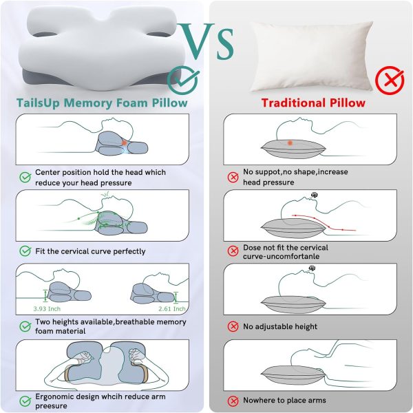 TailsUp Cervical Neck Pillow Neck Pain Relief, Adjustable Ergonomic Memory Foam Pillow for Neck and Shoulder Pain Relief, Orthopedic Contour Support Pillows for Side Back & Stomach Sleepers - Image 2